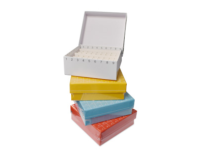 Cryoboîte en carton pour 81 flacons de 2 ml, bleu, couvercle rabattable