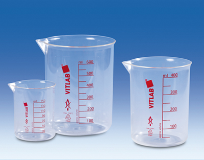 Vaso forma baja, 2000 mL, graduación roja, en PMP, VITLAB