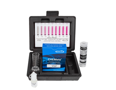 Chlore (libre et total), mét. DPD 0-1/0-5 ppm.Type: CHEMets. Kit. 30 det.