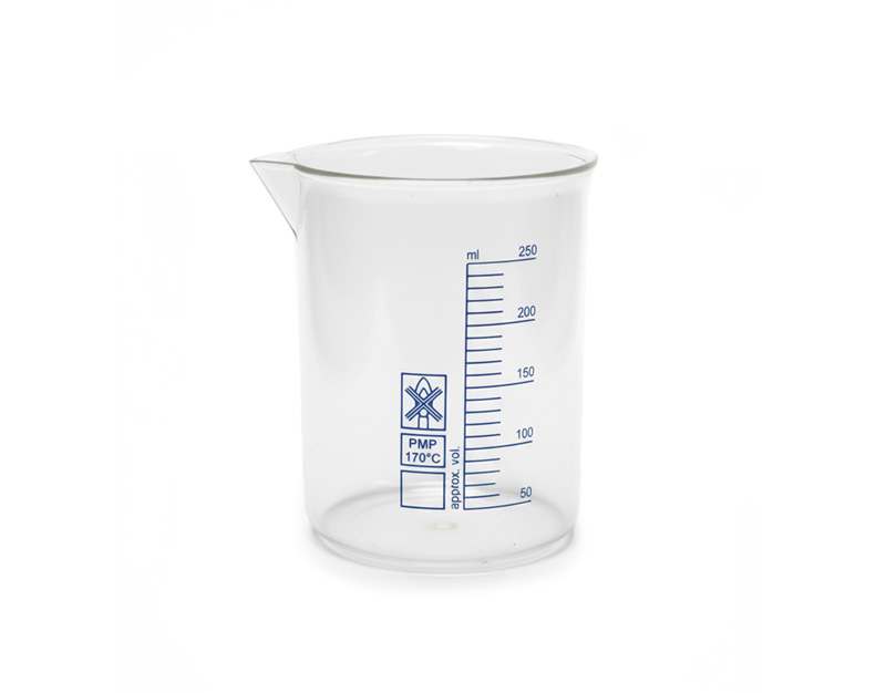 Beaker low form, blue graduation, PMP, 250 ml